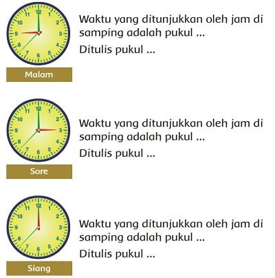 Tulislah tanda waktu yang ditunjukkan oleh jam berikut dengan tepat