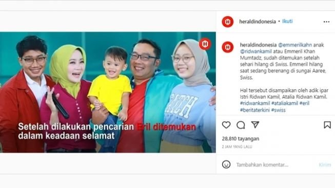 CEK FAKTA: Emmeril Kahn Mumtadz alias Eril, putra sulung Ridwan Kamil yang hilang di Sungai Aaree, Swiss dikabarkan sudah ditemukan dalam kondisi selamat, benarkah? (Instagram/@heraldindonesia)